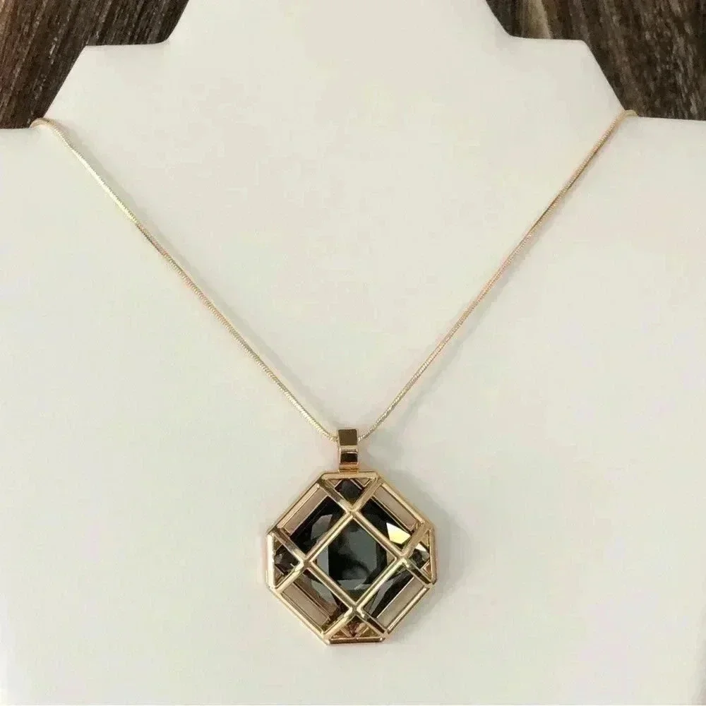 Hollow Square Grey Crystal Gold Tone Long Large Statement Sweater Necklace New